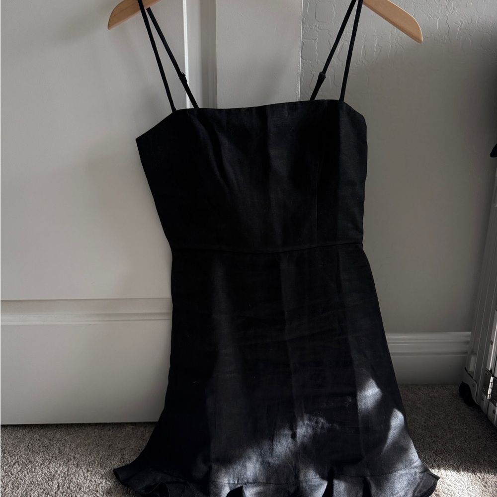 Reformation Black Mini Slip Dress Linen with Ruffle Hem